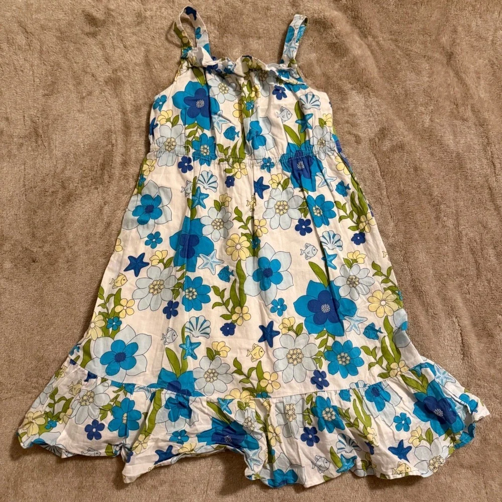 Gymboree Girls Blue Floral Tropical Fish Sea Shell Cotton Sundress Size 5